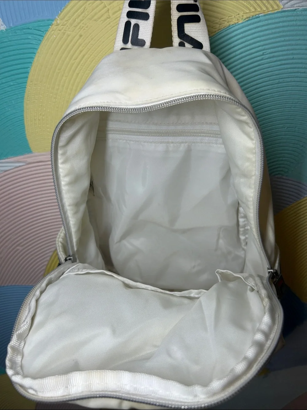 Fila Mini White Backpack with Navy and Red Logo Accents
